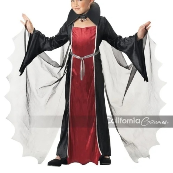 California Costume Vampire Girl Halloween Costume Red & Black Velvet Dress 8-10 - Picture 2 of 13